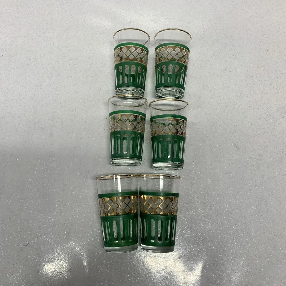 Vintage Set of 6‎ Shot Glass Green Stripe Gold Trim 3 Oz Made Italy Barware READ